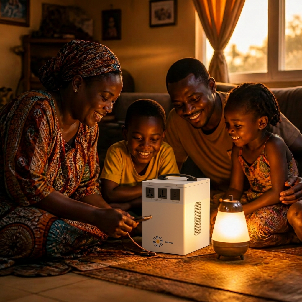 Une famille kinoise réunie autour de sa batterie solaire Owanga